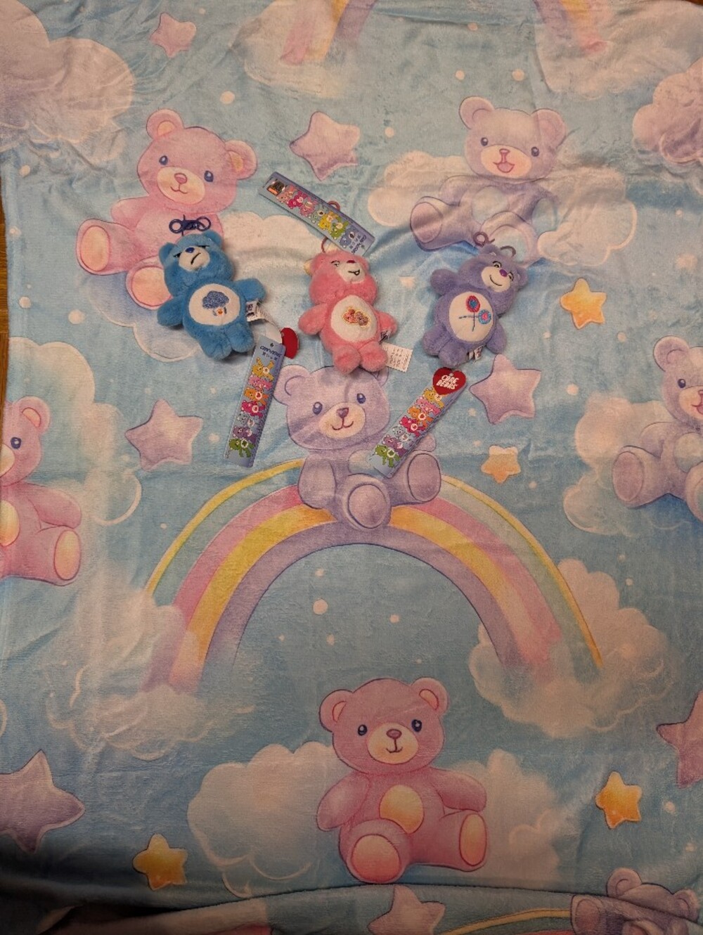 Care Bears Fleece Blanket with 3 Carebear Stuff Animals (With Clip)